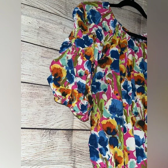 🤎3/$10 Coco Blanco Colorful Floral Puff Sleeve Blouse Size Small - Picture 3 of 7
